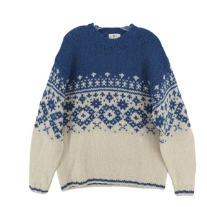 J. CREW Oarsman 100% Wool sweater Nordic Fair Isle Blue Cream Chunky Knit MEDIUM - Picture 1 of 6