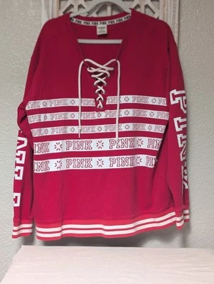 Suéter Rosa Victoria's Secret LG Rojo Rayas Corbata Frontal Copo de Nieve Forrado de Vellón  Foto 1 de 4