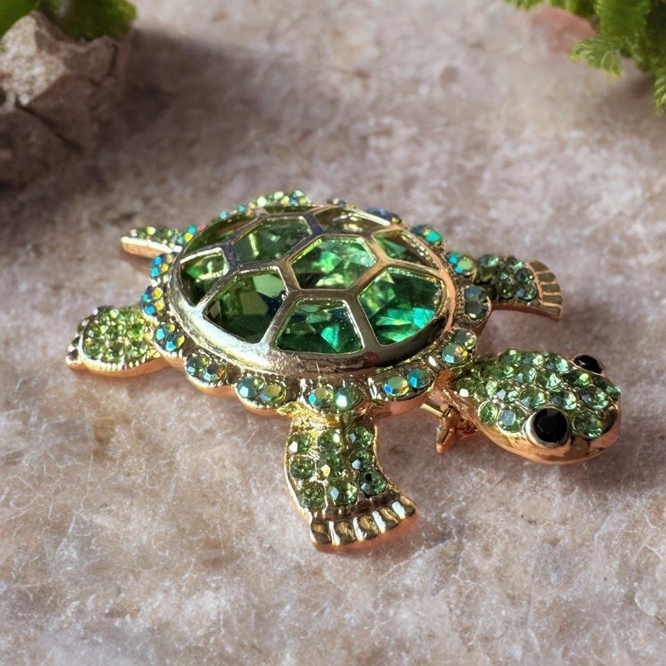 Broche Tortuga Estrás Verde De Colección Tono Dorado Tortuga Marina Prendedor Concha Brillante Foto 1 de 4
