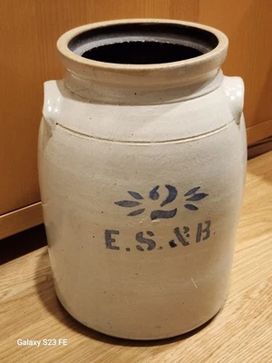 STONEWARE CROCK, 2 GALLON E.S.& B. PAINTED EAGLE ON REVERSE. 12" H X 8 1/2" RD - Image 1 of 4
