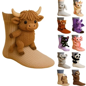 8 Stück 3D Strick Tier Socken Highland Kuh handgehäkelt doppellagig Baumwolle - Bild 1 von 29