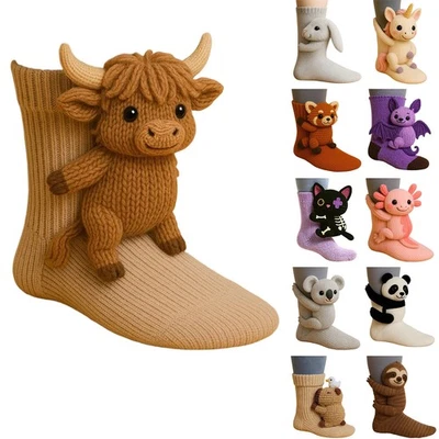 8PCS 3D Knit Animal Socks Highland Cow Hand Crocheted Double Layer Cotton Warm - Image 1 of 4