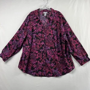 Blusa Catherines Talla 1X Rosa Negra Cuello Abotonado Túnica Top Brillo Cuello en V - Imagen 1 de 10