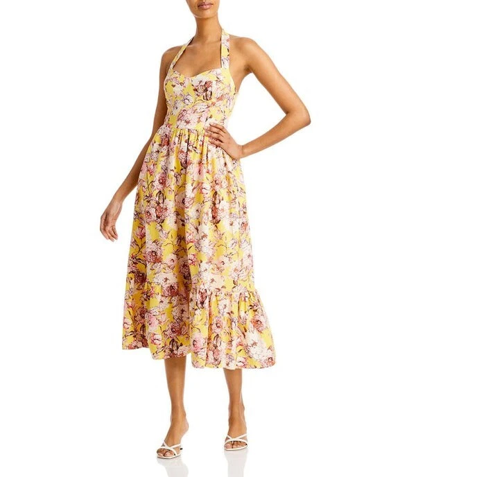 Bardot Women's Dress Size 10 Yellow Floral Print Sleeveless A-Line Midi