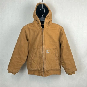 Carhartt Youth Canvas Jacket Coat w/Hood Sz M 10-12 Quilted Lining Tan Brown Zip - Picture 1 of 9