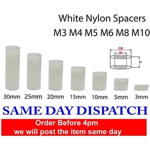 White Nylon Spacers Standoff Washers Natural Colour ( pack of 10) M2.5-M10 - Picture 1 of 11