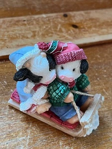 Mary Moo Two Milk Cows Sledding on Toboggan Christmas Holiday Resin Figurine - - Picture 1 of 7