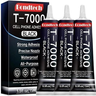 BONDTECH Black T7000 Glue for Cell Phones, 15 ML X 3 Cell Phone Adhesive, Screen Glue for