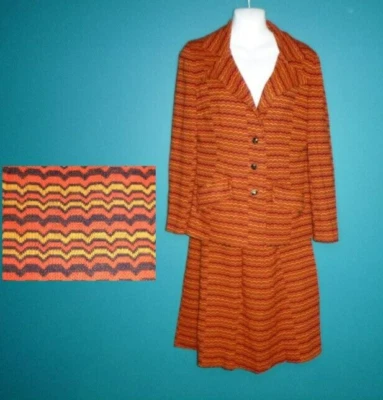 Vtg 60s 70s Blazer & Skirt Suit MOD Red Orange Black Zig Zag Cotton Knit Sz M - Image 1 of 4