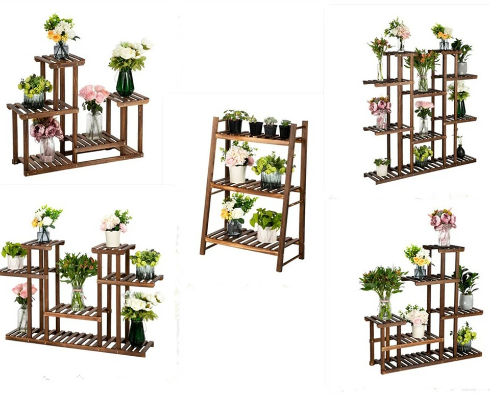 Soporte para plantas de varios niveles estante para flores exterior interior jardín esquina soporte de madera Foto 1 de 1