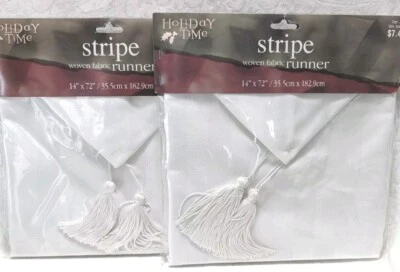 Lot Of 2 White Satin Woven Table Runners New Polyester Stripe With Tags 14"x72"  - Image 1 of 4