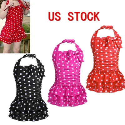 Niñas Traje de baño de una pieza Halter Lunares Volantes Vestidos de baño Trajes de baño Foto 1 de 3