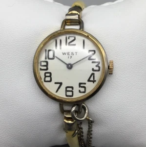 Vintage West Watch Women 27mm Gold Tone 17 Jewels White Bangle Manual Wind 6" - Picture 1 of 13