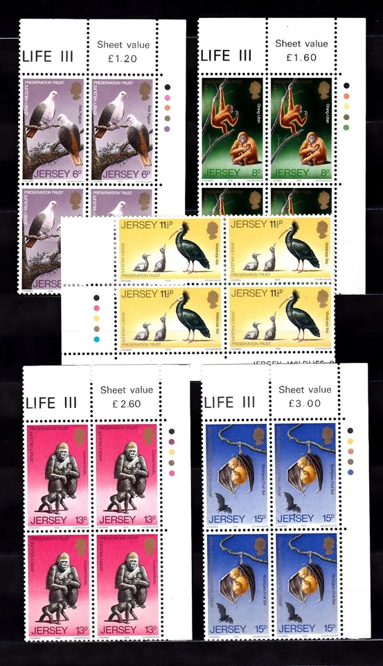 JERSEY #217-221 MNH BIRDS, GORILLAS, ORANGUTANS, BAT, CONER BLOCK OF 4 - Image 1 of 1