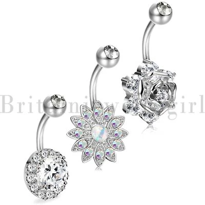 3pcs set 14G Stainless Steel CZ Flower Navel Belly Button Rings Body Piercing - Image 1 of 4