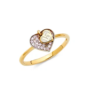 Heart CZ 15 Year Brithday Ring Solid 14k Yellow Gold Quinceanera Band Size 7 - Picture 1 of 1