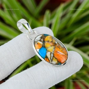 925 Silver Spiny Oyster Copper Turquoise Gemstone Art Deco Boho Pendant Jewelry - Picture 1 of 11