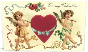 Vintage Valentinstag Postkarte mit Cherubs & Satin Herz Band Design - Bild 1 von 3