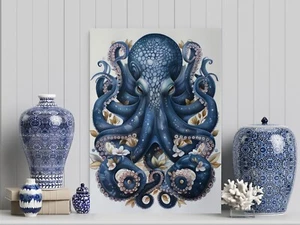 11x14 Blau Blumen Oktopus Strand Küste Leinwand Druck Wandkunst - Bild 1 von 6