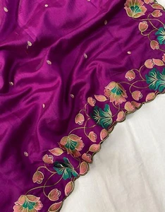 Premium Tussar Silk Saree with Embroidery, Cutwork Border & Designer Work Blouse - Picture 1 of 7