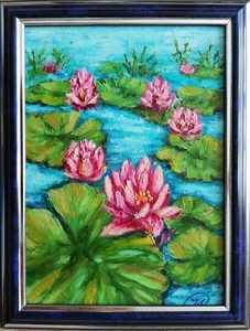 Blumen Original Ölgemälde gerahmt - Lotus Sammlerstück kleines Kunstwerk 5"x7" - Bild 1 von 11