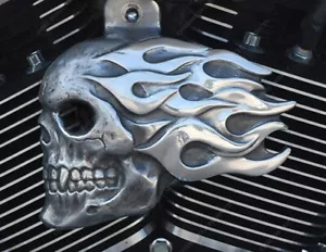 Harley Flaming Skull horn cover in aged aluminum finish. FS-356-2 - Picture 1 of 5