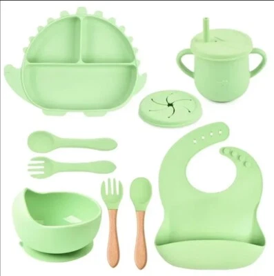 Juego de alimentación de silicona para bebé - babero, taza para sorber, taza para bocadillos, cuchara, tenedor, plato, cuenco, Foto 1 de 4