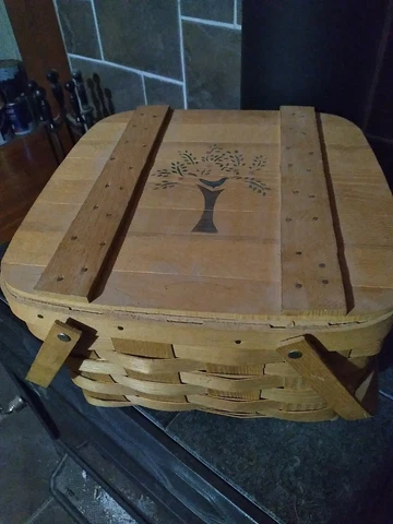 Split Wood Picnic Basket Stencil Blue Bird In Apple Tree Cover