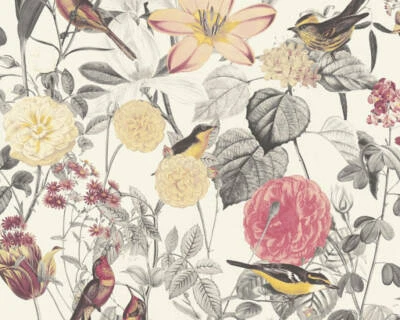 Papel pintado no tejido Exotic Life flores pájaros floral blanco amarillo gris 37276-1 (3,24 €/1 m²) Foto 1 de 4