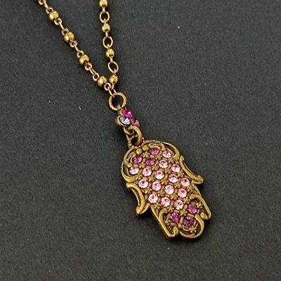 Collar Michal Negrin Hamsa Rosa Púrpura Cristales Mano de Fátima Romántico Boho Foto 1 de 4