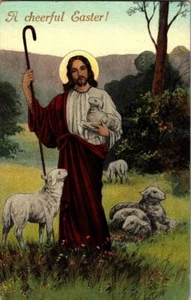 A Cheerful Easter Jesus As Shephard Holding A Baby Lamb Tending Flock Postcard - Picture 1 of 1