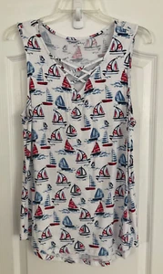 Top Pullover Casey & Key Talla L Rojo Blanco Azul Barcos Sin Mangas Rayón Elástico 65 - Imagen 1 de 6