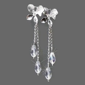 Earrings, Delicate orchid flower charm crystal tassle drop clip on or pierced - Picture 1 of 3