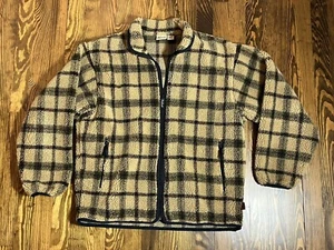 Woolrich Brown Plaid Sherpa Zip Up Fleece Jacket Made In USA Large Outdoor Wear - Picture 1 of 2
