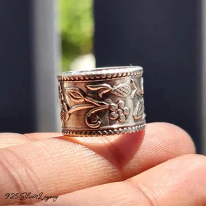 Anillo de banda ancha de diseñador de flores, anillo de banda ancha de plata de ley 925 para todos los tamaños - Imagen 1 de 9
