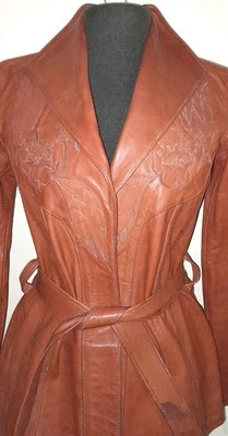 Vtg Floral Cut Out EAST WEST MUSICAL INSTRUMENTS 60s 70s Wrap Fit Leather Jacket - Image 1 of 4