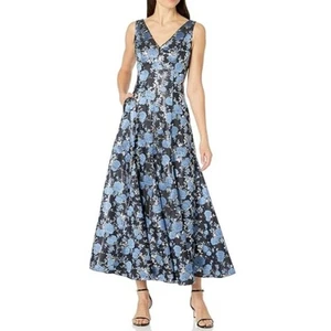 Adrianna Papell Jacquard Midikleid mit Godets Blau Silber Metallic Größe 14 - Bild 1 von 4