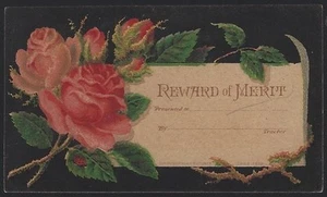 Victorian Reward of Merit with Red Roses on Black Background - Picture 1 of 2
