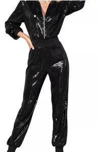 Venus Black Sequin One Piece Jumpsuit/Romper Zip Front Med Disco Hip Hop Sexy - Picture 1 of 9