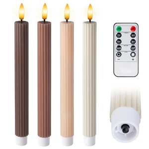 4pk 10" LED Flameless Taper Candles Mocha Brown Ribbed with Remote On/Off - Picture 1 of 8