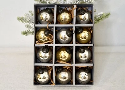 Juego de adornos navideños Pottery Barn vintage de vidrio de mercurio dorado plata rústico 12 Foto 1 de 4