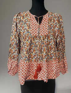 Doe And Rae Easel Patchwork Smocked Bubble Sleeve Top Floral Medium Fall Vibe - Picture 1 of 9