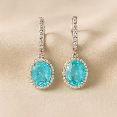 Paraíba Tourmaline & White Quartz Drop Earrings – Handmade Statement Jewelry - Imagen 1 de 4