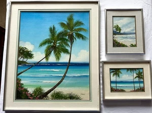 Set of 3 Original Tropical Seascape Paintings – Palm Tree Beach Scenes  - Picture 1 of 7