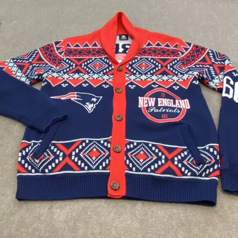 New England Patriots Sweater Mens Large Grandpa Jacket Embroidered Logo Football Cover