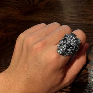 Bague 3D argent massif 925 homme tête de mort dragon squelette punk gothique - Imagen 1 de 7