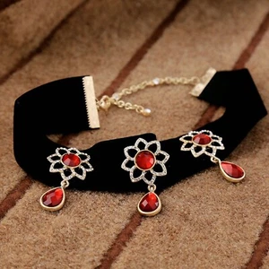 Black Velvet & Red Rhinestone Choker Necklace made w Swarovski Crystal Pave Gold - Picture 1 of 12