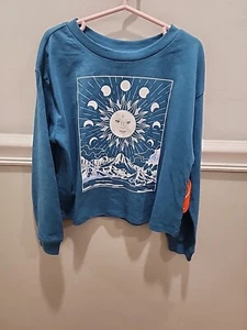 GIRLS MOON MEETS SUN TEAL CROPPED GRAPHIC T-SHIRT SIZE S ( 6-6X ) NEW - Picture 1 of 6