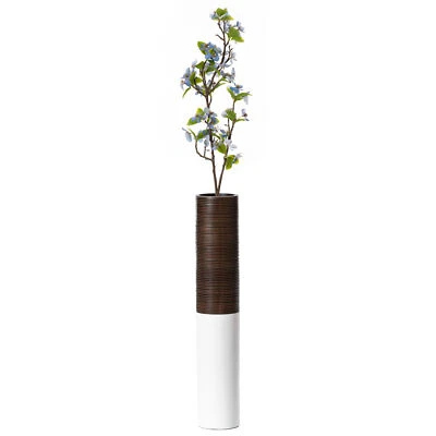 New Modern Tall Decorative White and Brown Ribbed Cylinder Floor Vase - Image 1 of 4