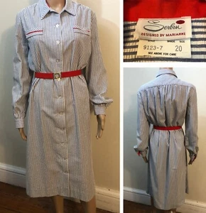 vtg Seersucker Belted Shirt Dress Sz 20 Button Striped SERBIN by Marianne Midi - Picture 1 of 15